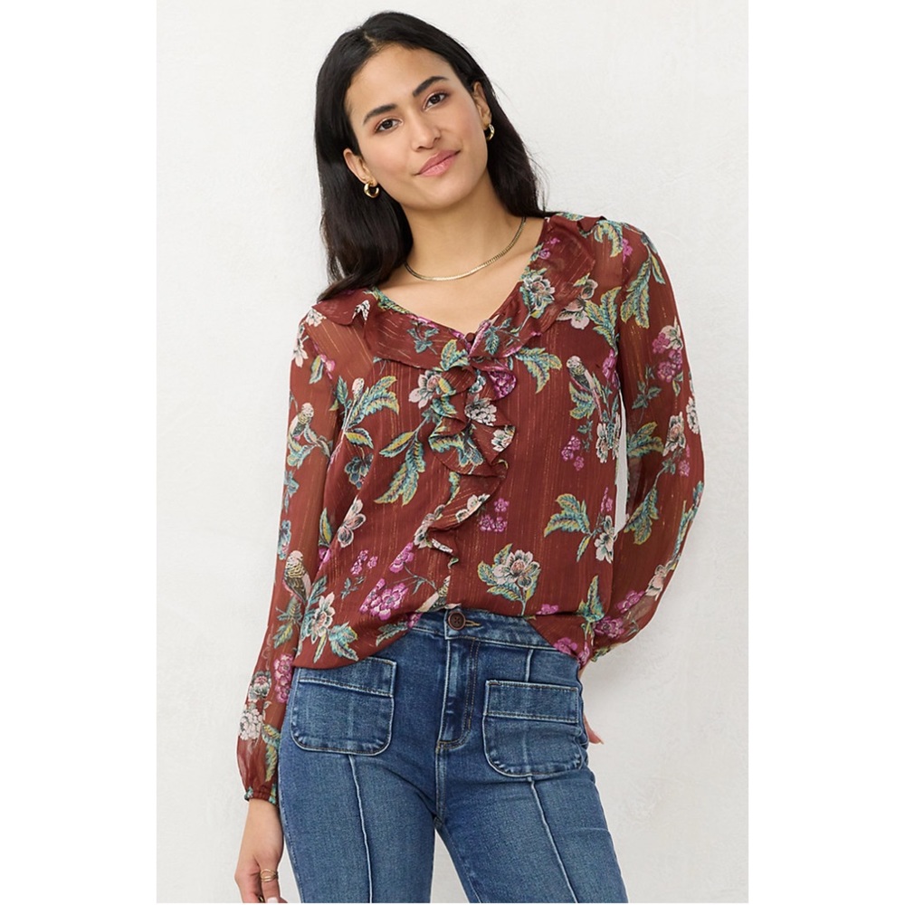 NWT LC Lauren Conrad Ruffled Peasant Blouse Burgundy Floral Size XS